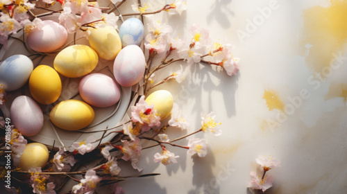 Vibrantly colored Easter eggs nestled among cherry blossoms on a sun-kissed yellow-toned surface.