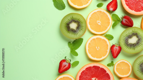 Bright green background adorned with slices of kiwi  lemon  orange  and strawberries with mint leaves.