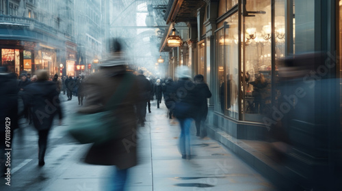 The dynamic pace of city life captured with motion blur of pedestrians on a busy urban street. photo