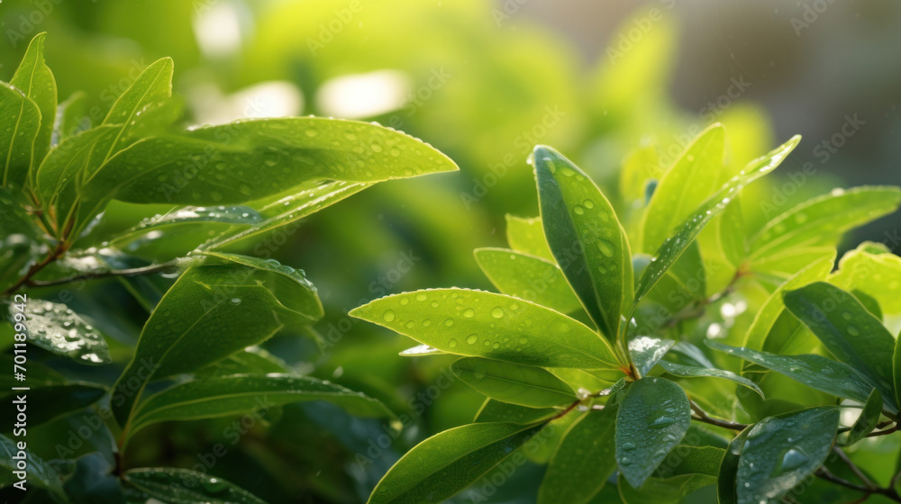 Obraz premium Close-up of vibrant green leaves covered in dew drops, illuminated by the soft light of a sunny morning.
