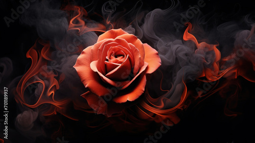A single red rose emerges amidst swirling smoke, creating a mysterious and romantic atmosphere on a black background.