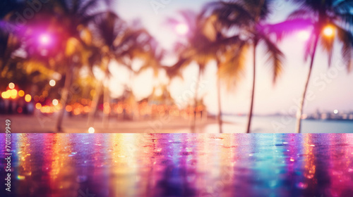 The vibrant colors of a tropical sunset reflected on a wet surface with silhouettes of palm trees in the background.