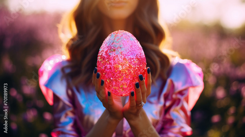 A pair of hands gently present a large, sparkling pink Easter egg against a backdrop of vibrant lavender flowers.