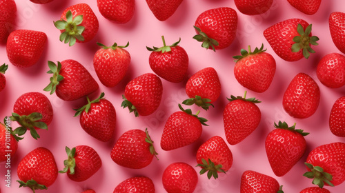 A pattern of scattered strawberries on a pink surface, presenting a fresh and fruity theme ideal for culinary designs.