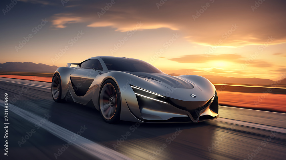 unbranded gray sports car with light effect. race track and sunset background