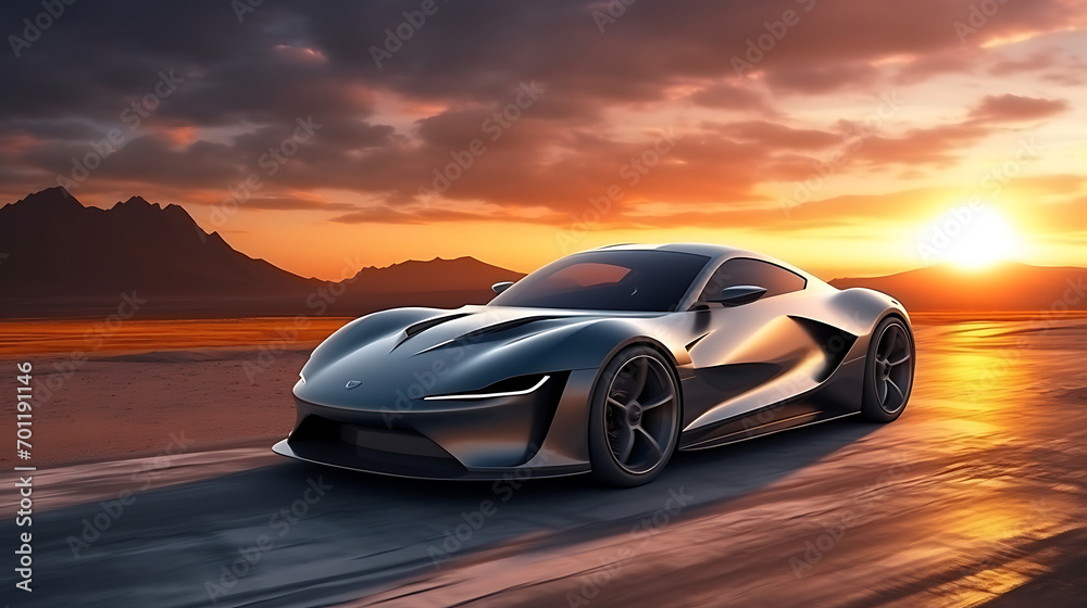 unbranded gray sports car with light effect. race track and sunset background
