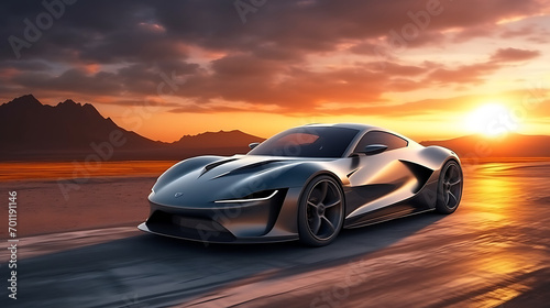  unbranded gray sports car with light effect. race track and sunset background © growth.ai