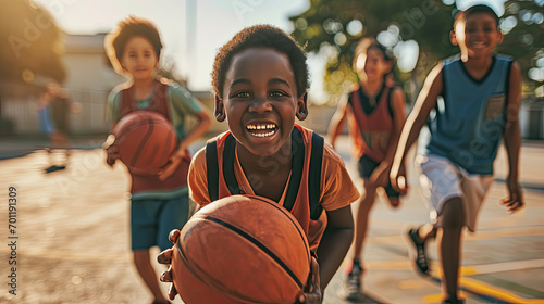 kids joyful playing basketball at school
