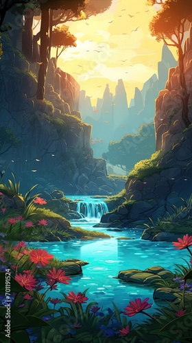 illustration of a view of a small blue river between cliffs and flowers with an afternoon feel