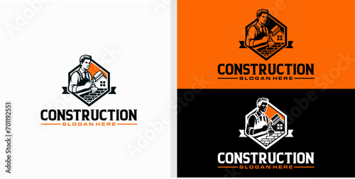 Man holding plastering trowel logo vectors