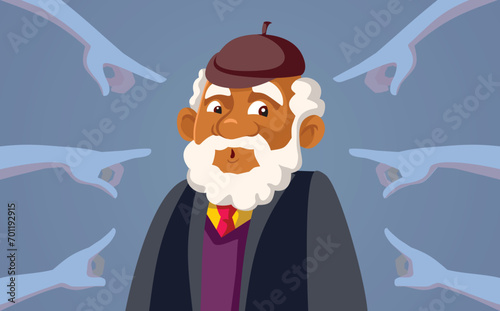 People Pointing to a Grandpa of African Ethnicity Vector Illustration. Stressed elderly person being the victim of agism 
