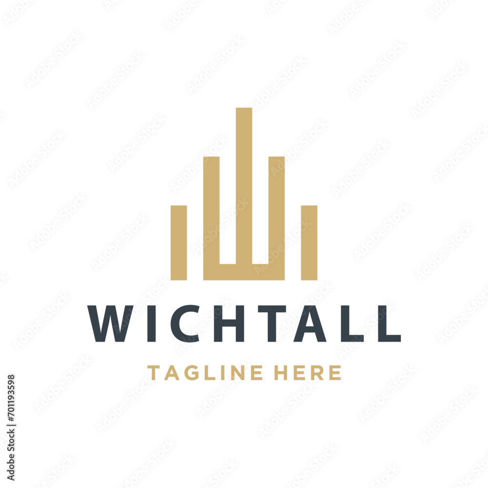 Golden Initial Letter W Tall Building With Simple Line Art Style For Real Estate Logo Design. Golden Initial Letter W Tall Building With Simple Line Art Style For Real Estate Logo Design.