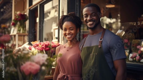 Married couple florist shop owner wearing apron waiting for customers full of beautiful flowers leisure outdoors, happy husband and wife partnership entrepreneur open small business shop at hometown