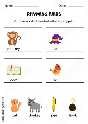 Find rhyming pairs. Educational worksheet. Cut and paste.