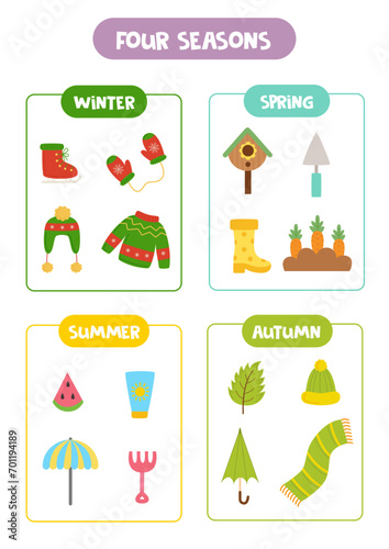 Learning four seasons for kids. Worksheet with winter, summer, spring, autumn.