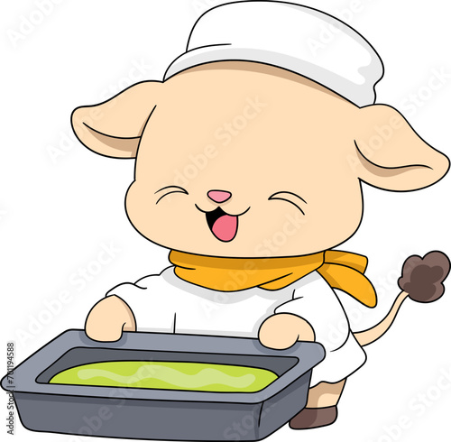 goat chef, happily carrying the results of his cooking in the pan