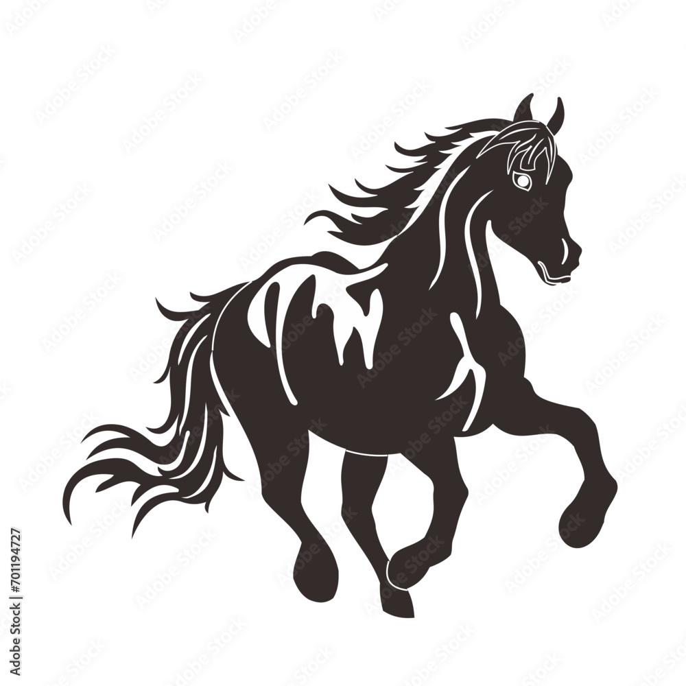 Drawing the black silhouette of running horse on a white background