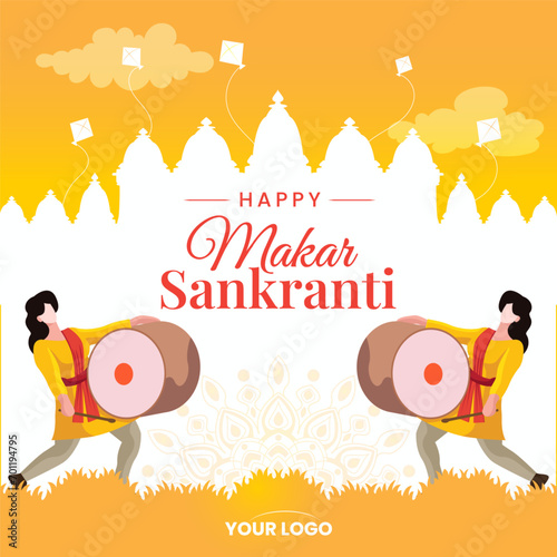 girl playing dhol in front of temple for makar sankranti with kites vector photo