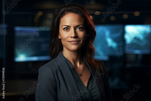 Portrait of a confident businesswoman standing in front of a computer screen.