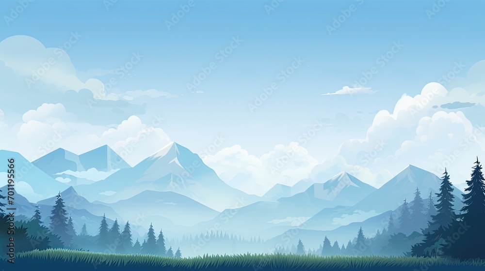 flat illustration of forests and mountains with a cool spring feel - obrazy, fototapety, plakaty 