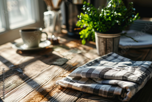 Top and close-up view of a cozy scene in domestic life, composition with Kitchen towel, coffee mug, and plants on a rustic wooden table.