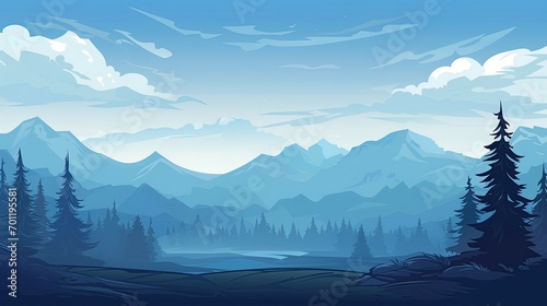 flat illustration of forests and mountains with cool shades of blue photo