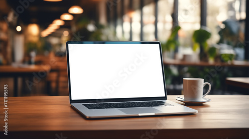 Blank screen laptop computer on cafe desk, Blank screen for product display, Mock up, generative ai.