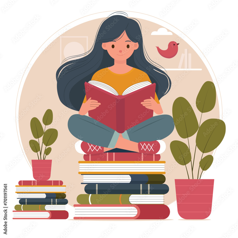illustration of a girl reading book on stack of books illustration of a girl reading book on stack of books
