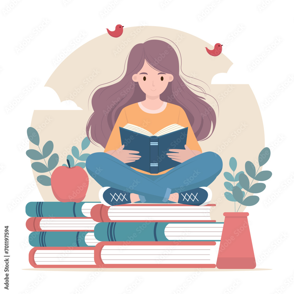 illustration of a girl reading book on stack of books illustration of a girl reading book on stack of books