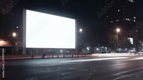 A blank displaying billboard at night on the street with lights shining on the billboard