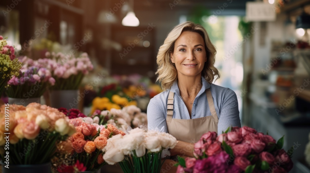 Happy senior elderly female worker selling flowers in florist shop, flora small business owner arm crossed standing looking camera wearing apron, pensioner ability working after retirement at hometown