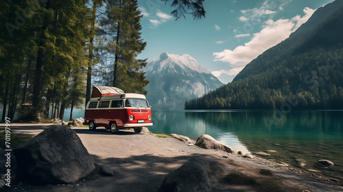 A campervan under the trees and on the edge of a calm lake with charming mountain views