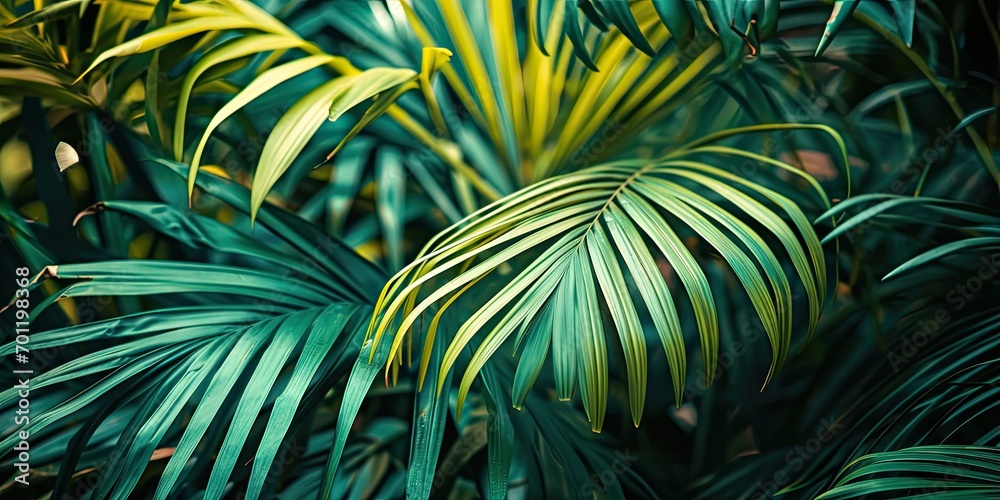 Fototapeta premium Tropical oasis. Close up of vibrant green palm leaves in summer garden. Nature artistry. Abstract of lush foliage in tropical forest. Botanical beauty. Exotic tree leaf in bright summer light
