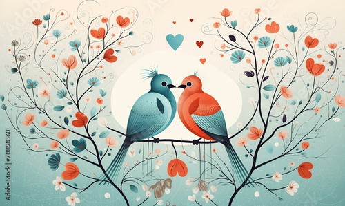 Concept of love and valentine day. Birds perched on a branch of a tree in spring season. Valentines day card with cute couple of birds and copy space. Illustration with two birds on heart background. © pijav4uk