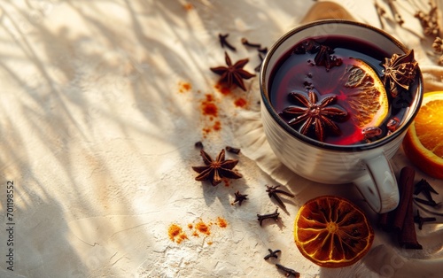 Aromatic hot mulled wine in a mug with spices and lemon. Aerial view. Traditional hot winter drink. Top view of mulled wine with cinnamon anise and lemon in a glass on the table. Space for text