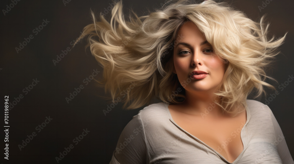 Portrait of beautiful plus size curly young blond woman posing on studio background