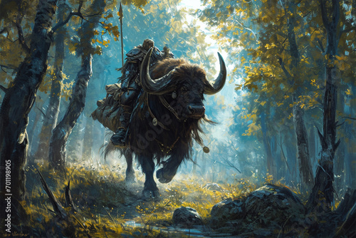 illustration of a bison knight in the forest