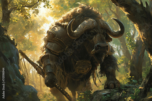 illustration of a bison knight in the forest