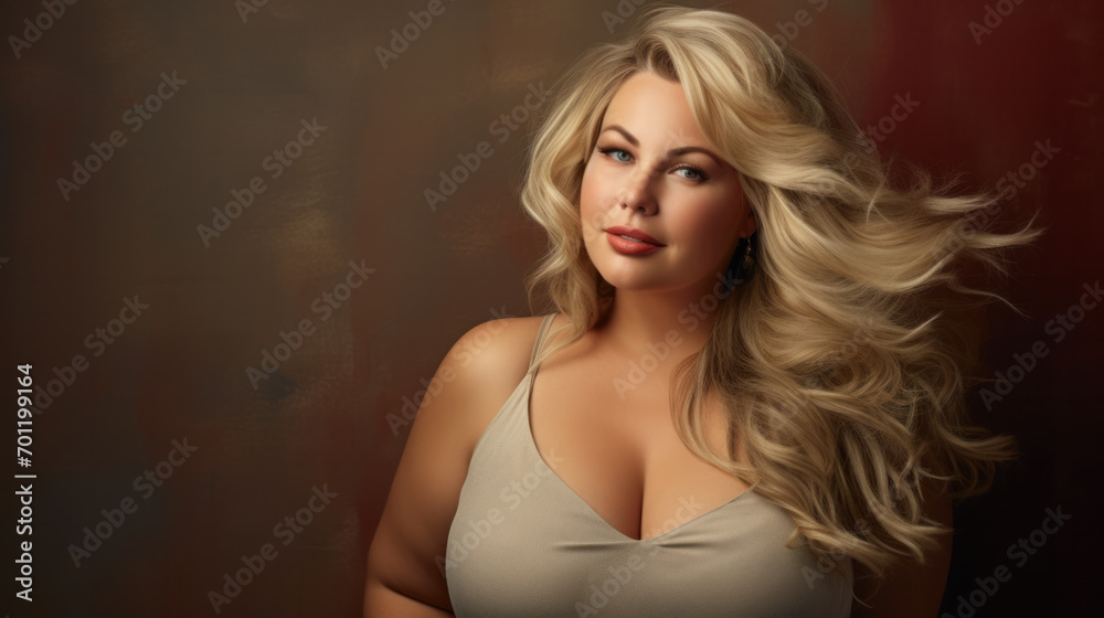 Portrait of beautiful plus size curly young blond woman posing on studio background Portrait of beautiful plus size curly young blond woman posing on studio background