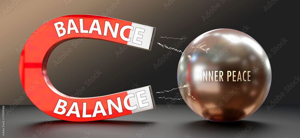 Balance attracts Inner peace. A metaphor showing balance as a big magnet that attracts inner peace. Cause and effect relationship between them.,3d illustration