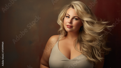 Portrait of beautiful plus size curly young blond woman posing on studio background