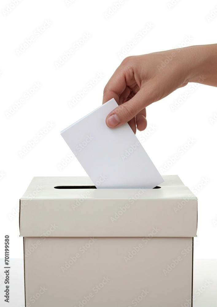 hand holding ballot paper on ballot box, isolated white background