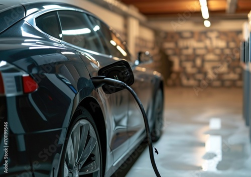 electric car connected to charger station in garage © Astock Media