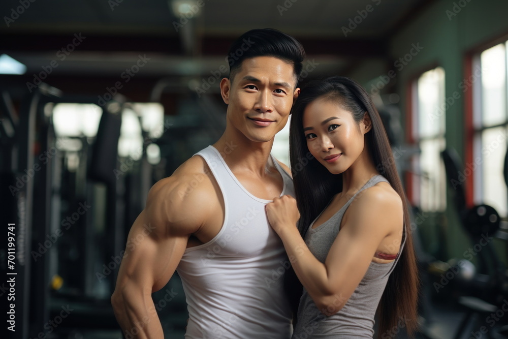Portrait of asian couple flexing their muscles, working out in gym, health and wellness