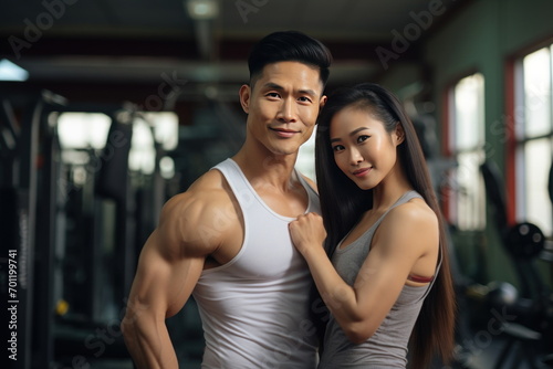 Portrait of asian couple flexing their muscles  working out in gym  health and wellness