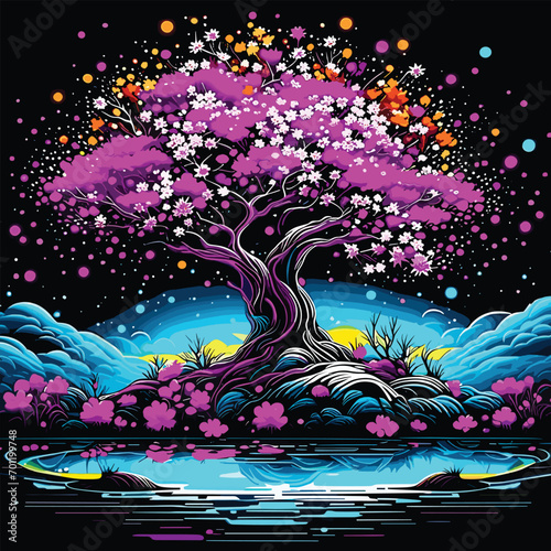 Cherry blossom tree landscape psychedelic night vector illustration