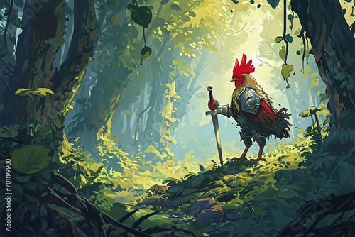 illustration of a chicken knight in the forest photo