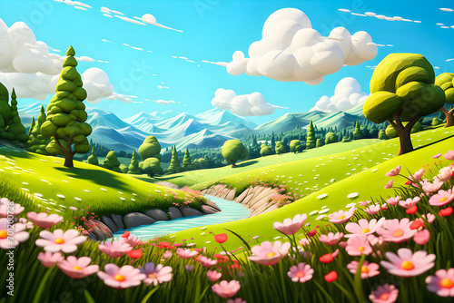 3D illustration of a cartoon landscape with forests  a river and fields with flowers  generated ai