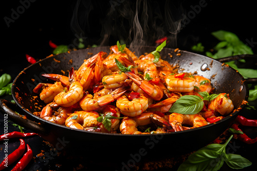 fried shrimp with Italian tomato sauce in a cast iron skillet