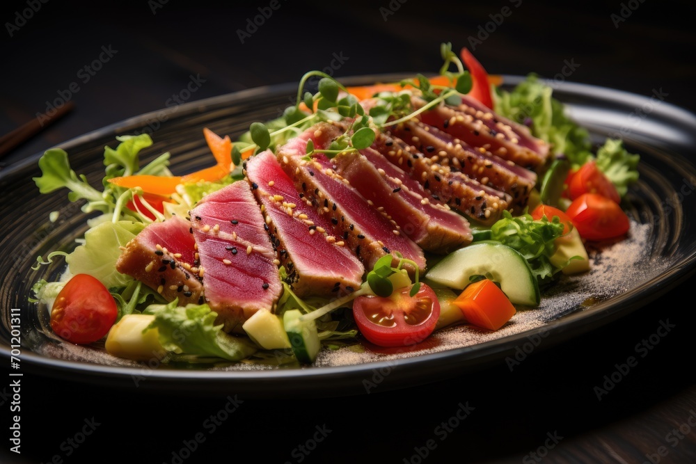 Traditional salad with pieces of medium-rare grilled ahi tuna and sesame with fresh vegetable salad.